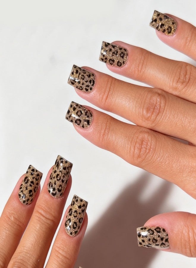 OCOUYVD 24 Pcs Leopard Print Press on Nails Short Square Shaped Fake Nails Golden Glitter Designs Full Cover False Nail Glossy Acrylic Nail Stick on Nails for Women Girls DIY Manicure Decoration - Image 5